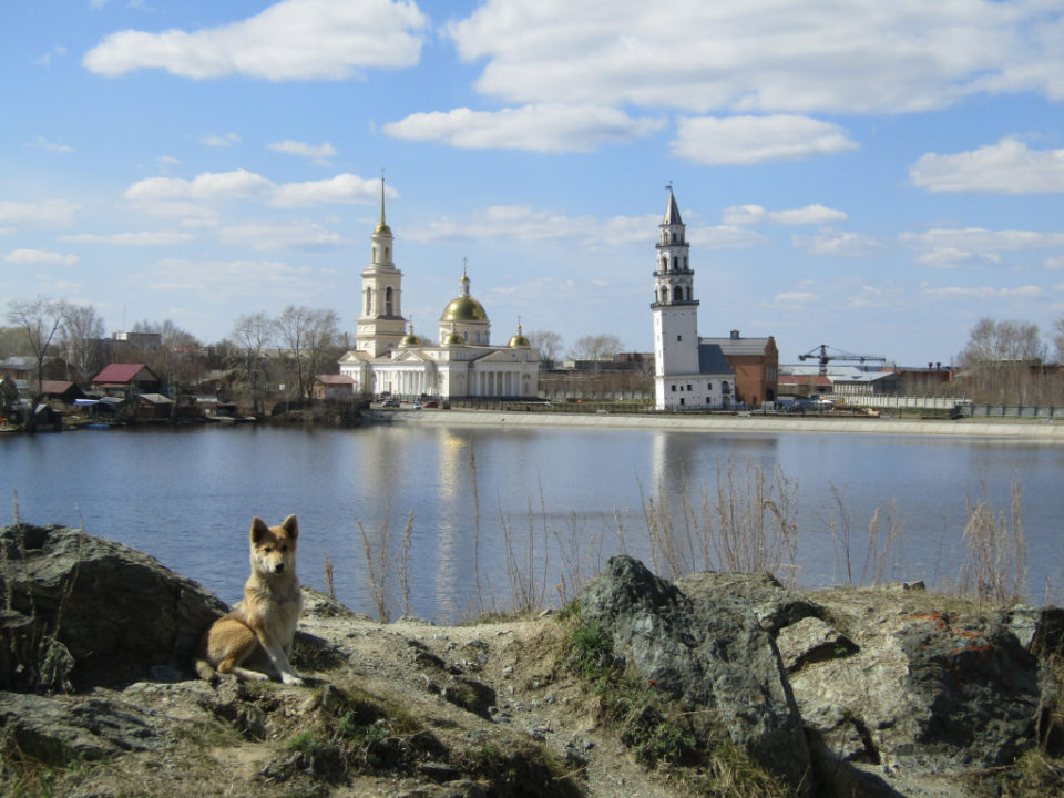 Вид на собор и Невьянскую башню с противоположного берега Невьянского пруда